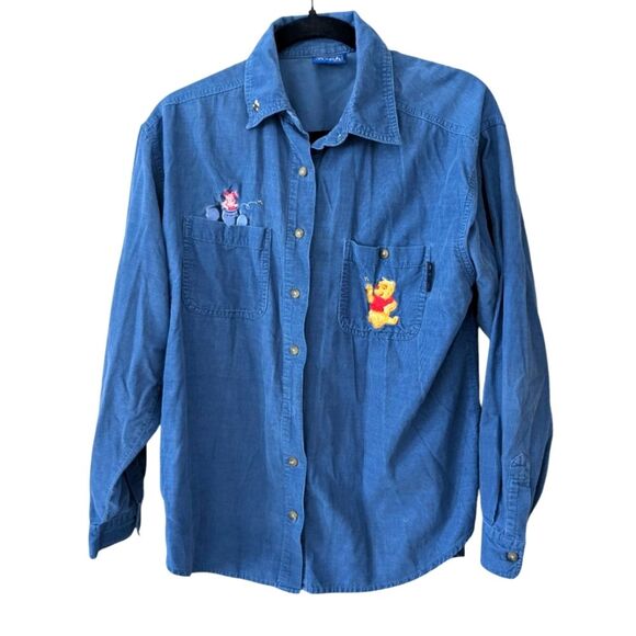 Winnie The Pooh Y2K Disney Piglet Corduroy Blue Embroidered Button Down Size M - Picture 1 of 11